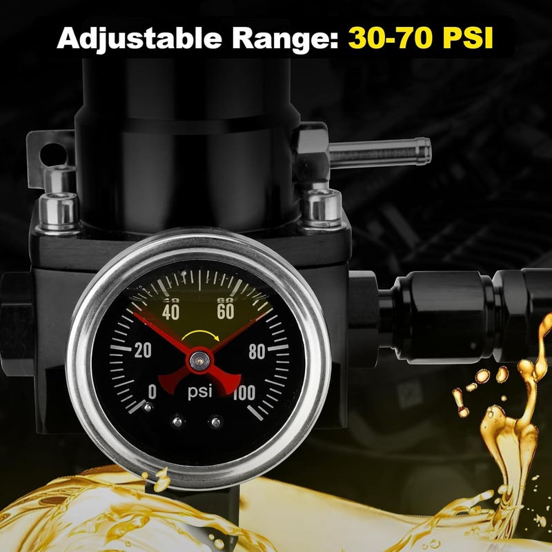 YEHERIT Store Adjustable EFI Fuel Pressure Regulator Kit with Bypass Return, 0-100 PSI Gauge, 6AN Fittings and PTFE Braided Hose – Compatible with Gasoline, E85, Ethanol & Methanol Fuels - Image 4